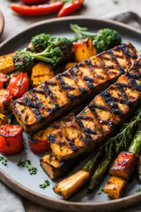 Grilled tempeh with roasted vegetables