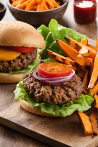 Beef burgers with sweet potato fries