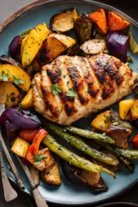Grilled chicken breast with roasted vegetables