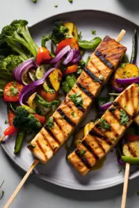 Grilled tofu steaks with vegetable skewers