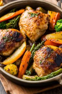 Baked chicken thighs with roasted vegetables