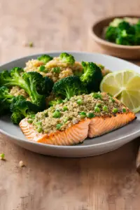 Baked salmon with quinoa and steamed broccoli
